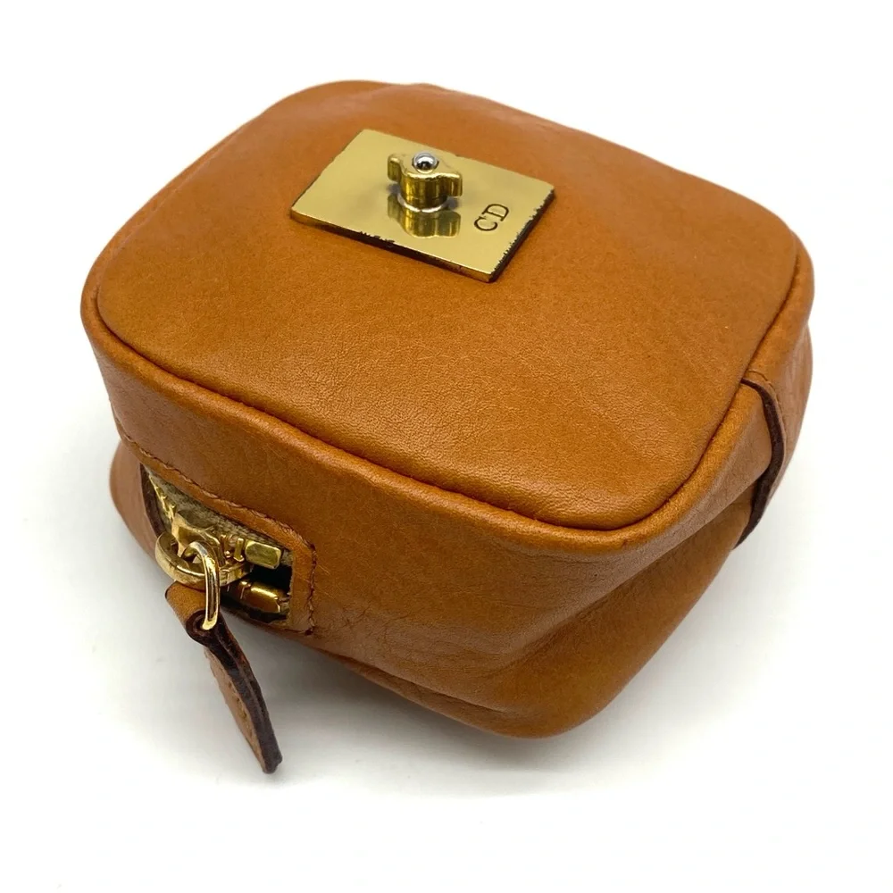 Christian Dior Tan Leather Gold Logo Mini Square Coin Pouch Wallet